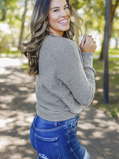 Khaki Reversible V-Neck Waffle Knit Sweater