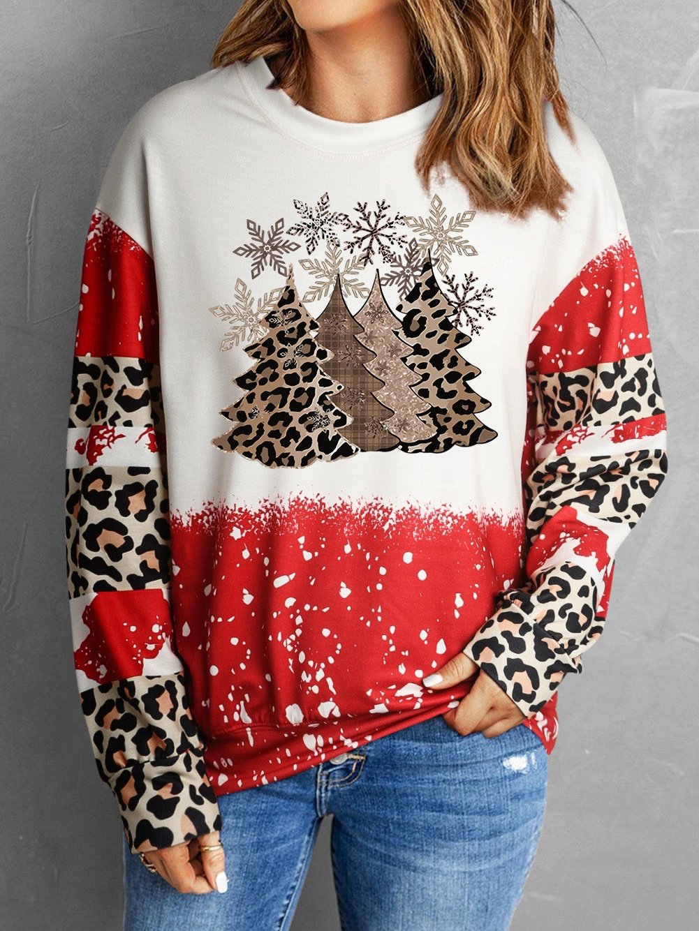 Fiery Red Tie Dye Leopard Christmas Tree Print Long Sleeve Top