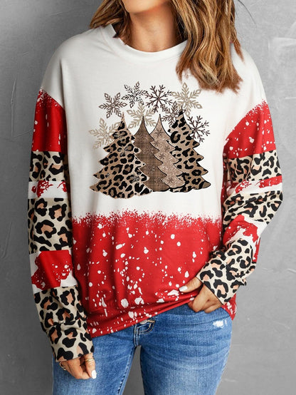 Fiery Red Tie Dye Leopard Christmas Tree Print Long Sleeve Top