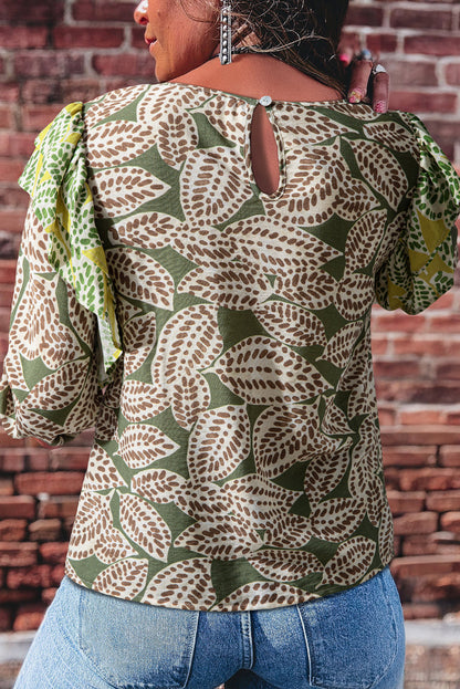 Green Abstract Leafy Print Contrast Ruffle Trim Long Sleeve Blouse