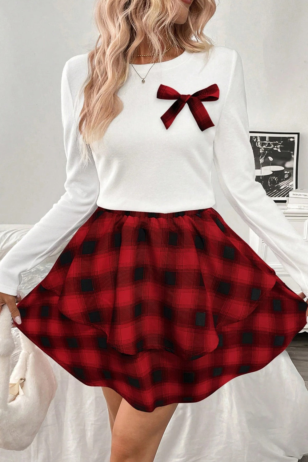 White Long Sleeve Tee Plaid Bow Decor Ruffle Mini Skirt 2pcs Set