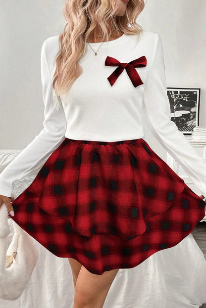 White Long Sleeve Tee Plaid Bow Decor Ruffle Mini Skirt 2pcs Set
