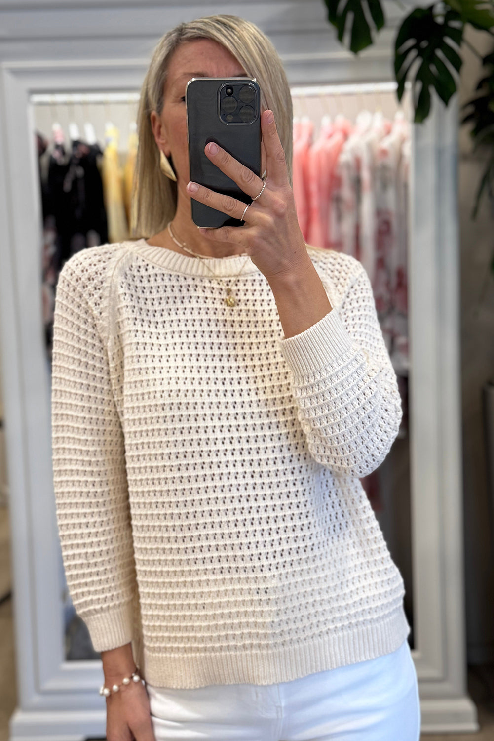 White Solid Color Pointellet Knit Raglan Sleeve Sweater