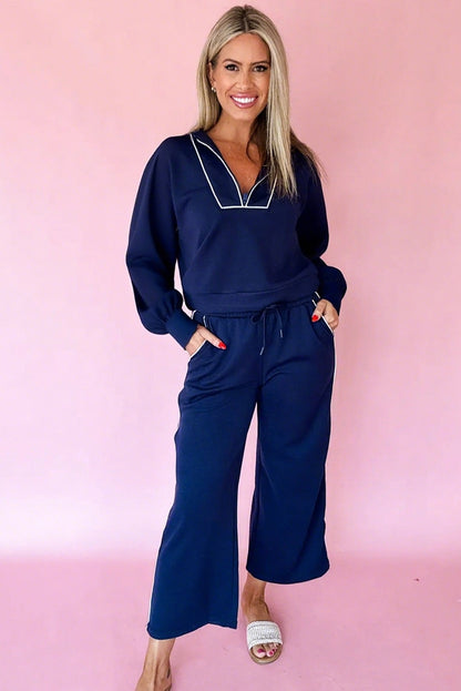 Navy Blue Contrast Piping Zipped Pullover Cropped Pants Set