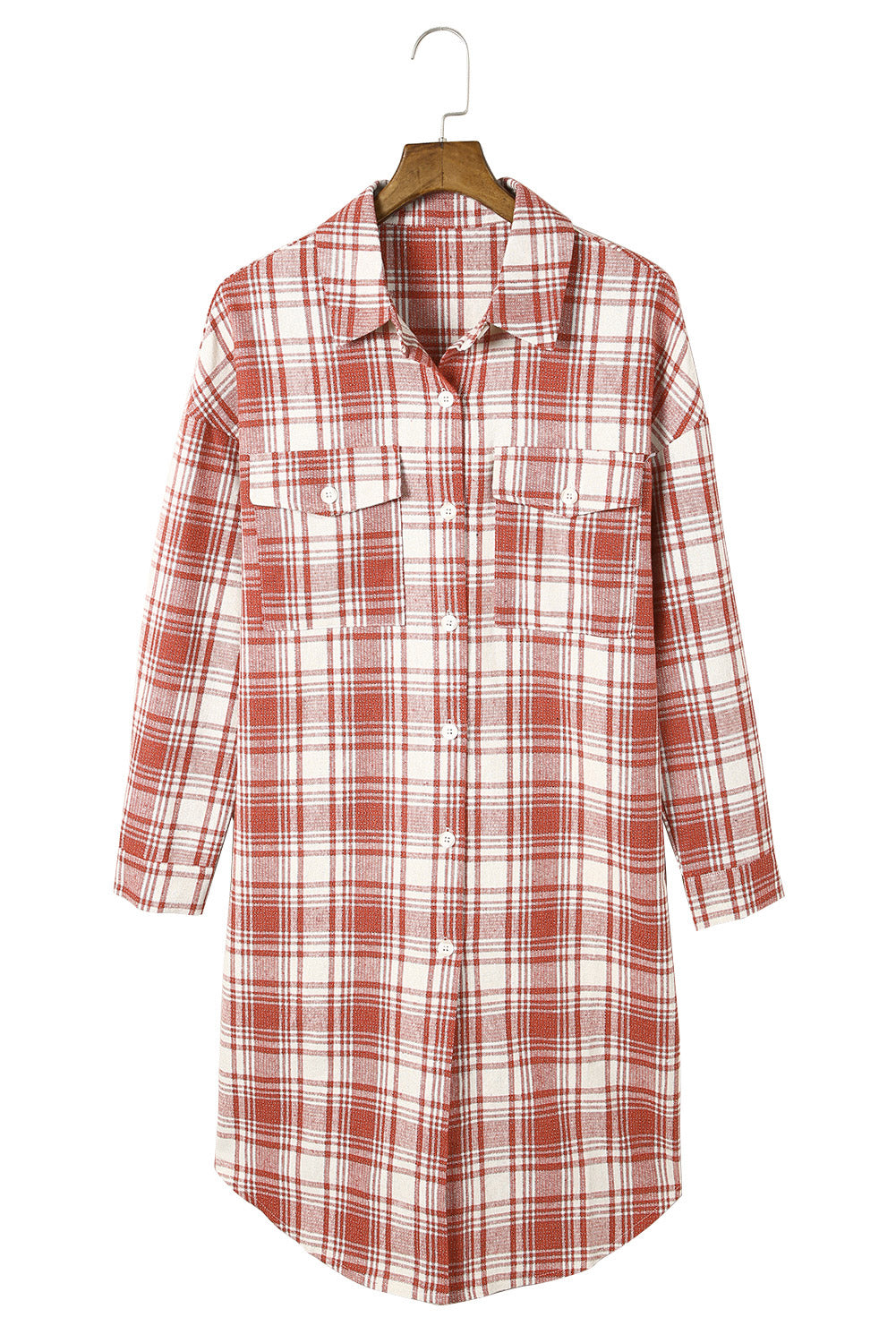 Fiery Red Plaid Print Longline Button-Up Jacket