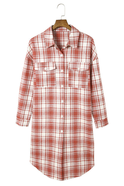 Fiery Red Plaid Print Longline Button-Up Jacket