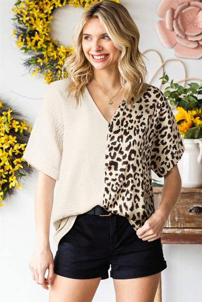Leopard Stitching Button Long Sleeve Blouse