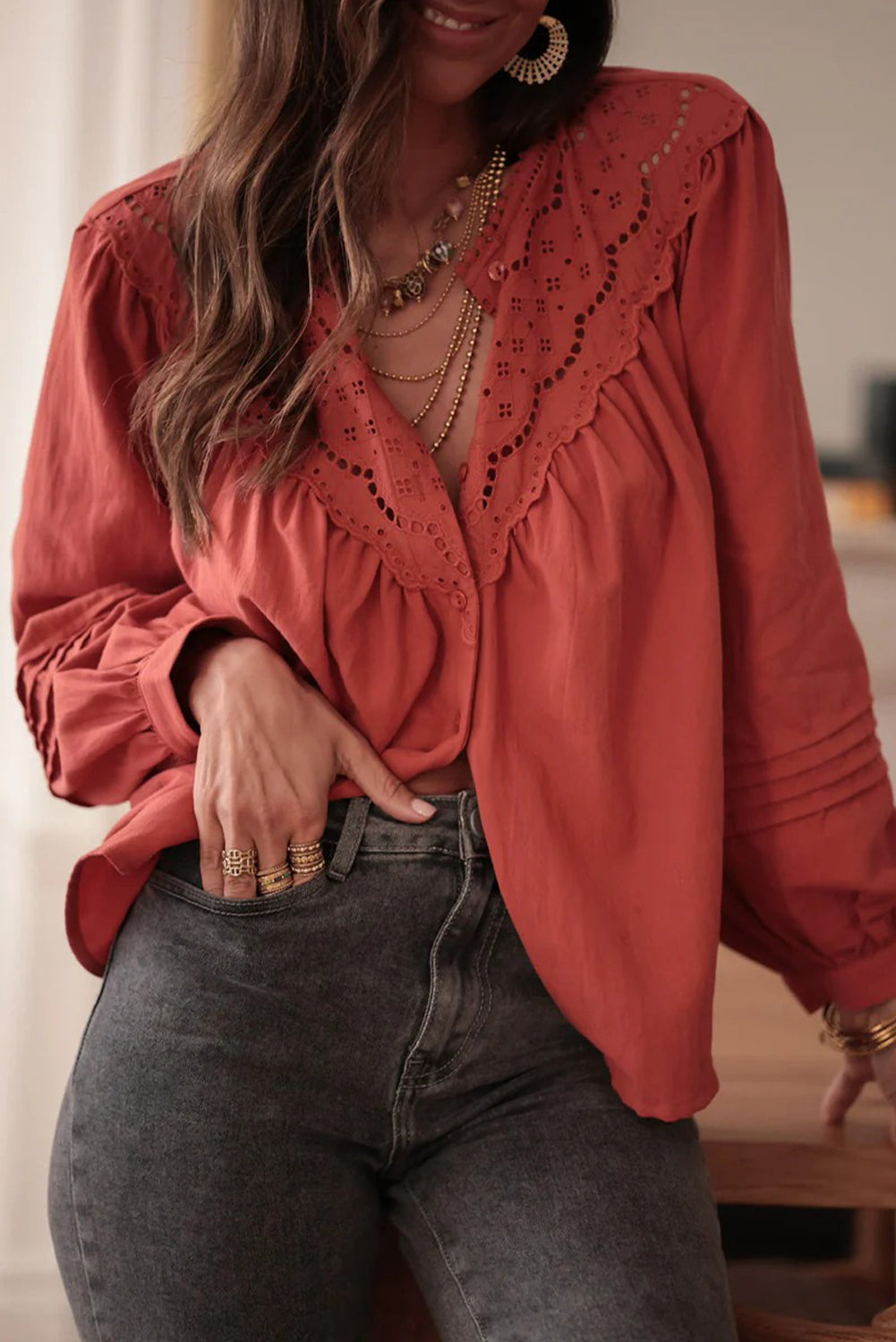 Tawny Eyelet Embroidered Patchwork Pintuck Long Sleeve Shirt