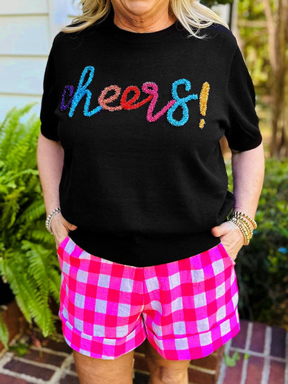 Sparkling Black Glitter Tinsel Cheers Plus Size Short Sleeve Sweater