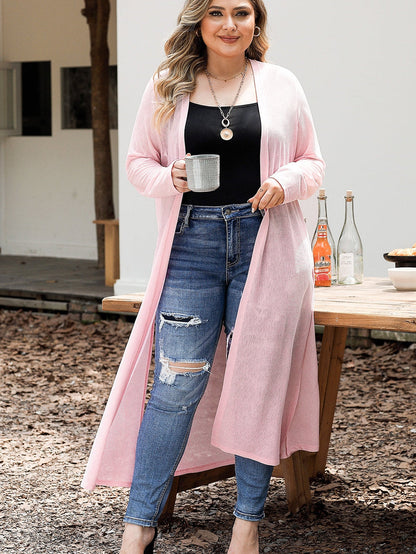 Pink Sheer Knit Long Side Slit Plus Size Cardigan with Southern Belle Style