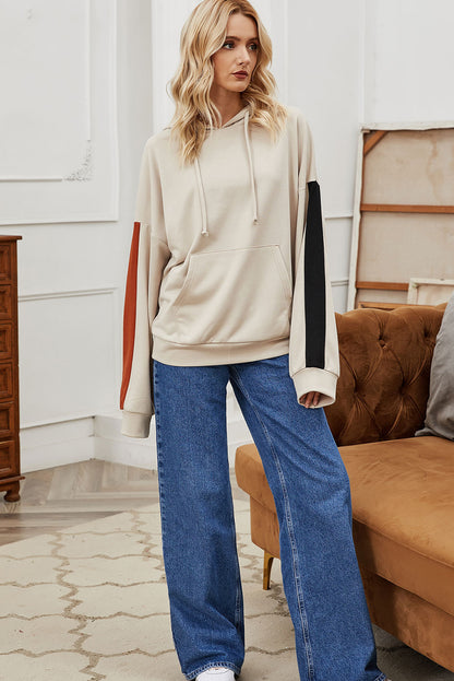 Parchment Contrast Patchwork Sleeve Knot Drawstring Hoodie