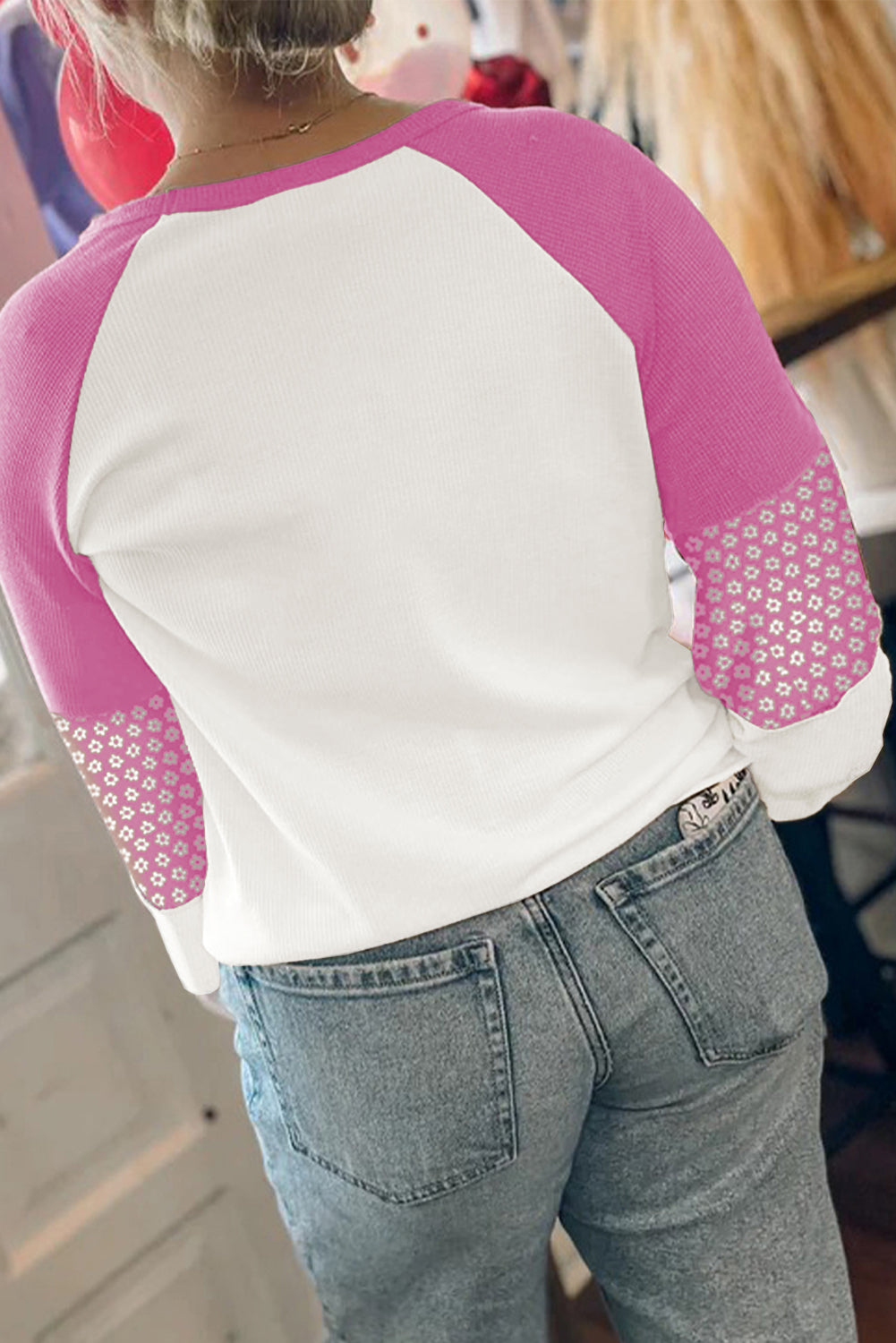 Pink Floral Print Patchwork Color Block Long Sleeve Top