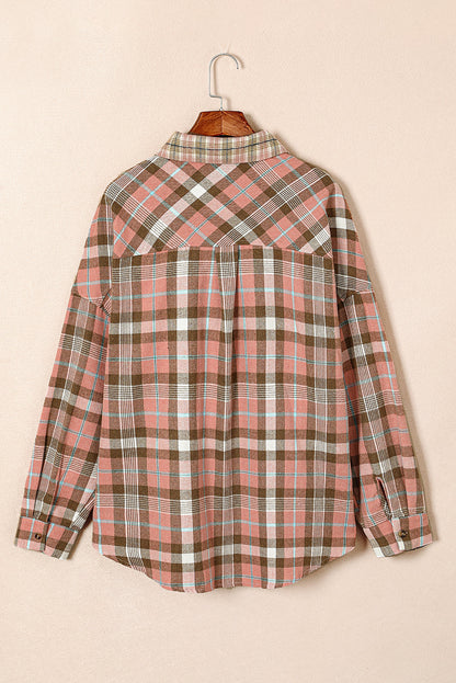 Pink Plaid Pocketed Plus Size Shirt With Long Sleeves