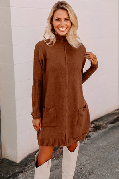 Chestnut Ribbed High Neck Front Pockets Center Seam Shift Sweater Dress