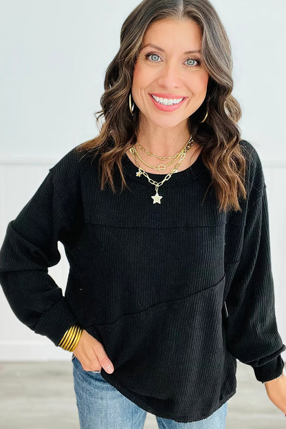 Black Solid Color Ribbed Knit Exposed Seam Patchwork Long Sleeve Top