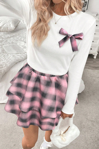 Pink Long Sleeve Tee Plaid Bow Decor Ruffle Mini Skirt 2pcs Set