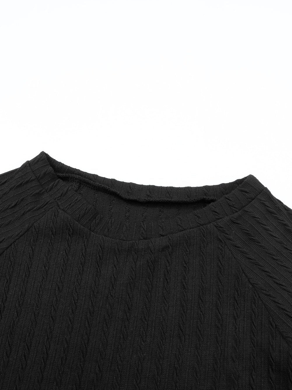 Elegant Black Ribbed Round Neck Long Sleeve Top