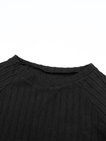 Elegant Black Ribbed Round Neck Long Sleeve Top