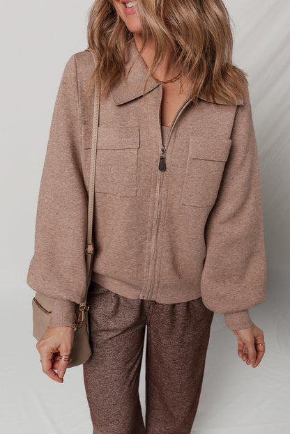 Old Rose Flap Chest Pocket Full Zipper Bubble Sleeve Collared Short Cardigan
