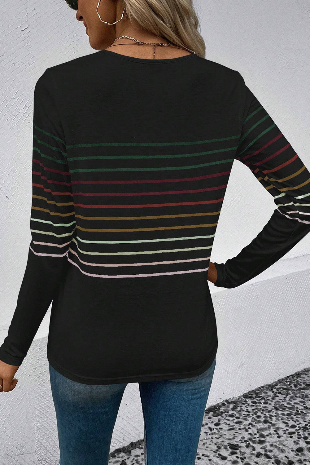 Black Colorful Striped Round Neck Long Sleeve Top
