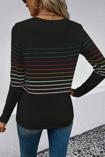 Black Colorful Striped Round Neck Long Sleeve Top