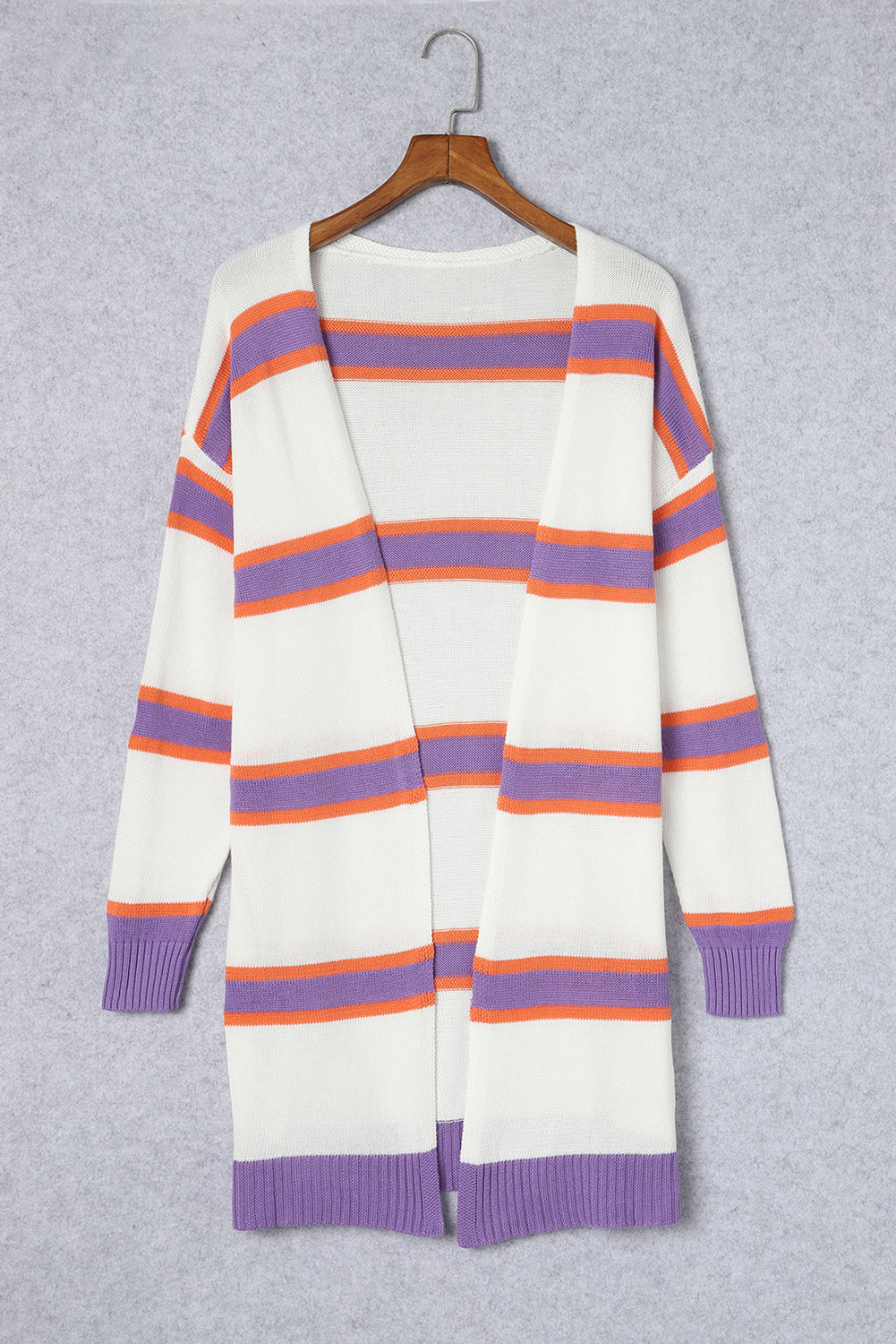 Beige Button-Up Striped Cardigan with Ribbed Trim and Long Sleeves