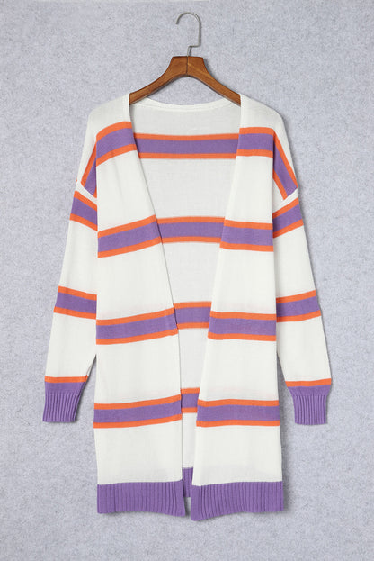 Beige Button-Up Striped Cardigan with Ribbed Trim and Long Sleeves