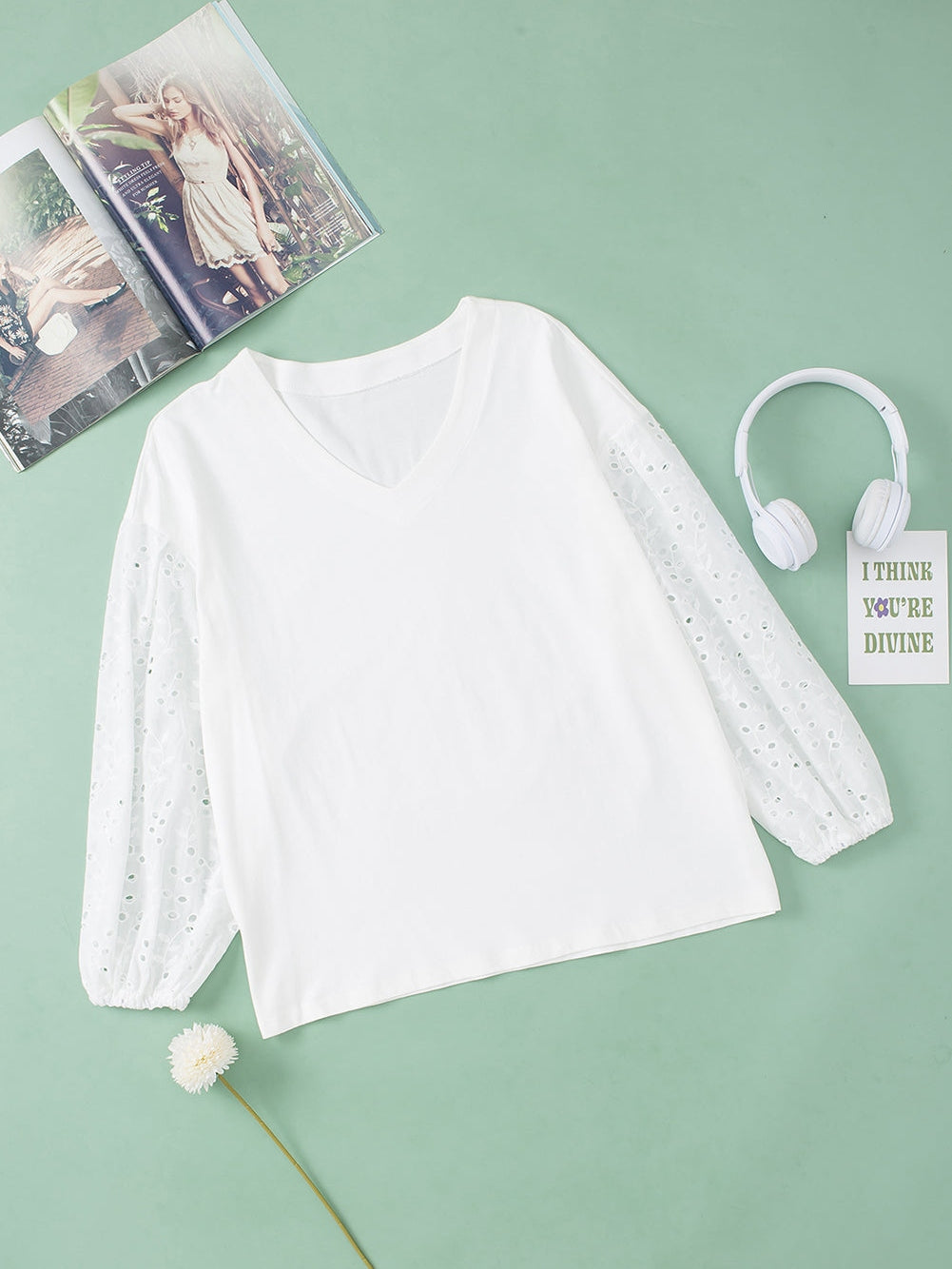 Ivory V-neck Embroidered Patchwork Puff Sleeve Top