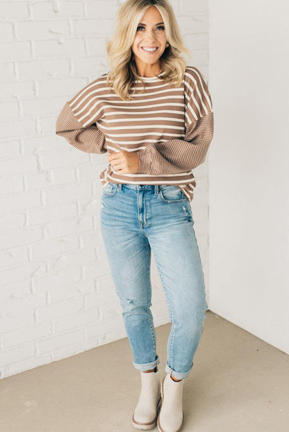 Khaki Stripe Mixed Pattern Thermal Knit Casual Sweatshirt