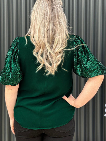 Blackish Green Plus Size Sequin Short Puff Sleeve Top