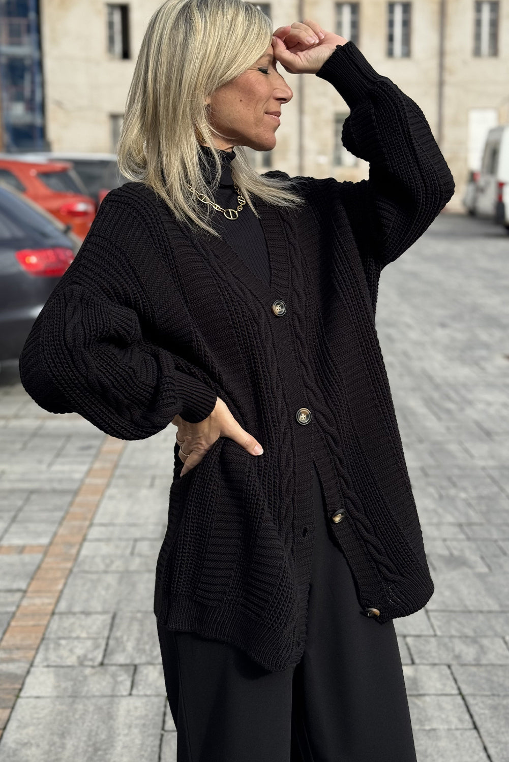 Black Cable Knit Button V Neck Oversize Sweater Cardigan