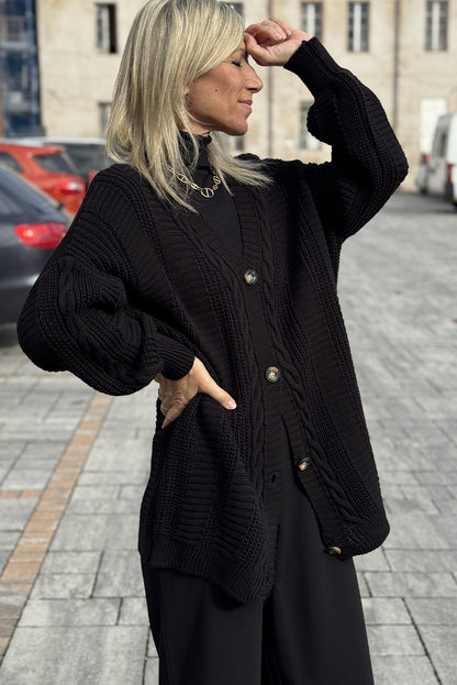 Black Cable Knit Button V Neck Oversize Sweater Cardigan