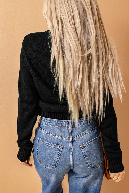 Elegant Black Textured V-Neck Cardigan with Front Pockets