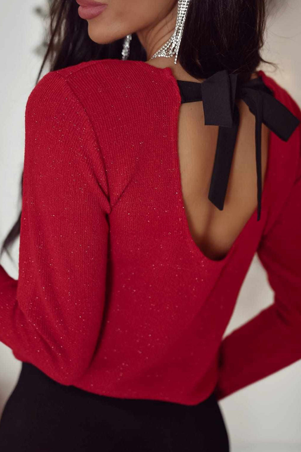 Racing Red Open Back Ribbon Bow Decor Shimmery Long Sleeve Top