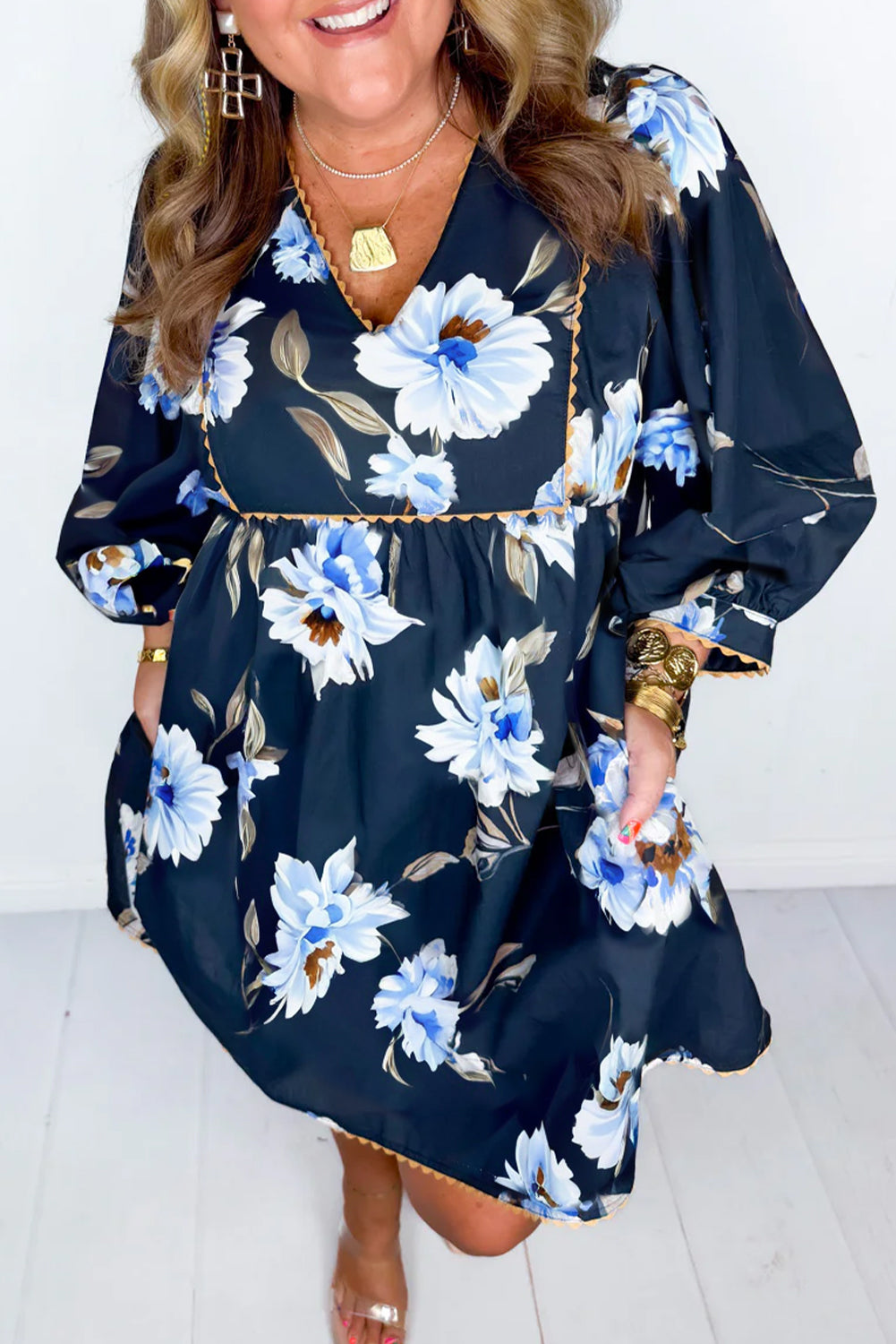Blue Ricrac Contrast Trim Floral Puff Sleeve Plus Size Dress