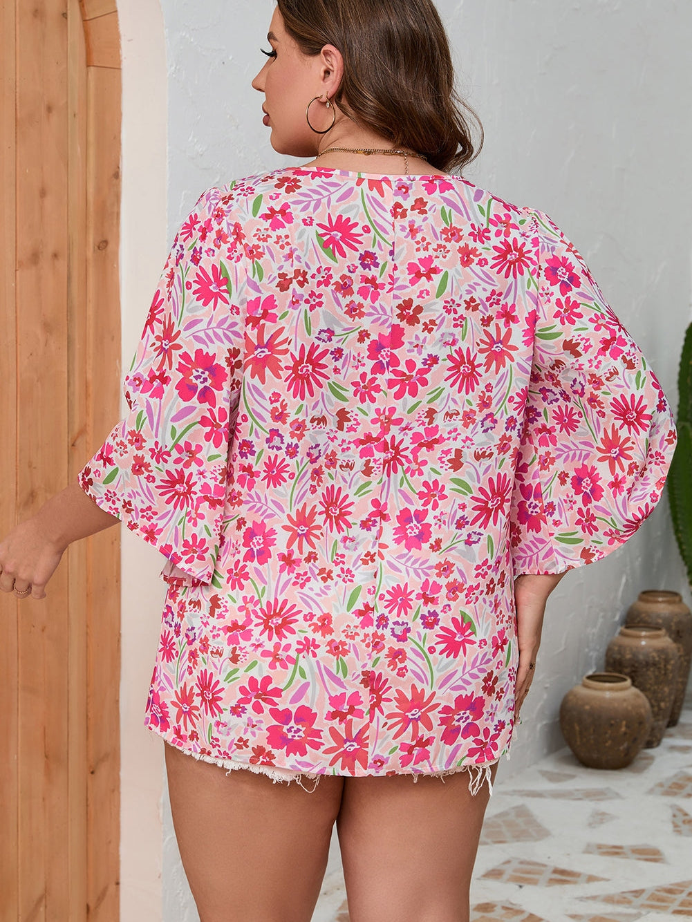 Pink Blossom Ruffle Sleeve V-Neck Plus Size Top