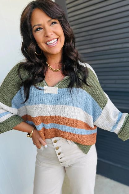 Green Striped Color Block Knit Split Neck Loose 3/4 Sleeve Side Split Sweater