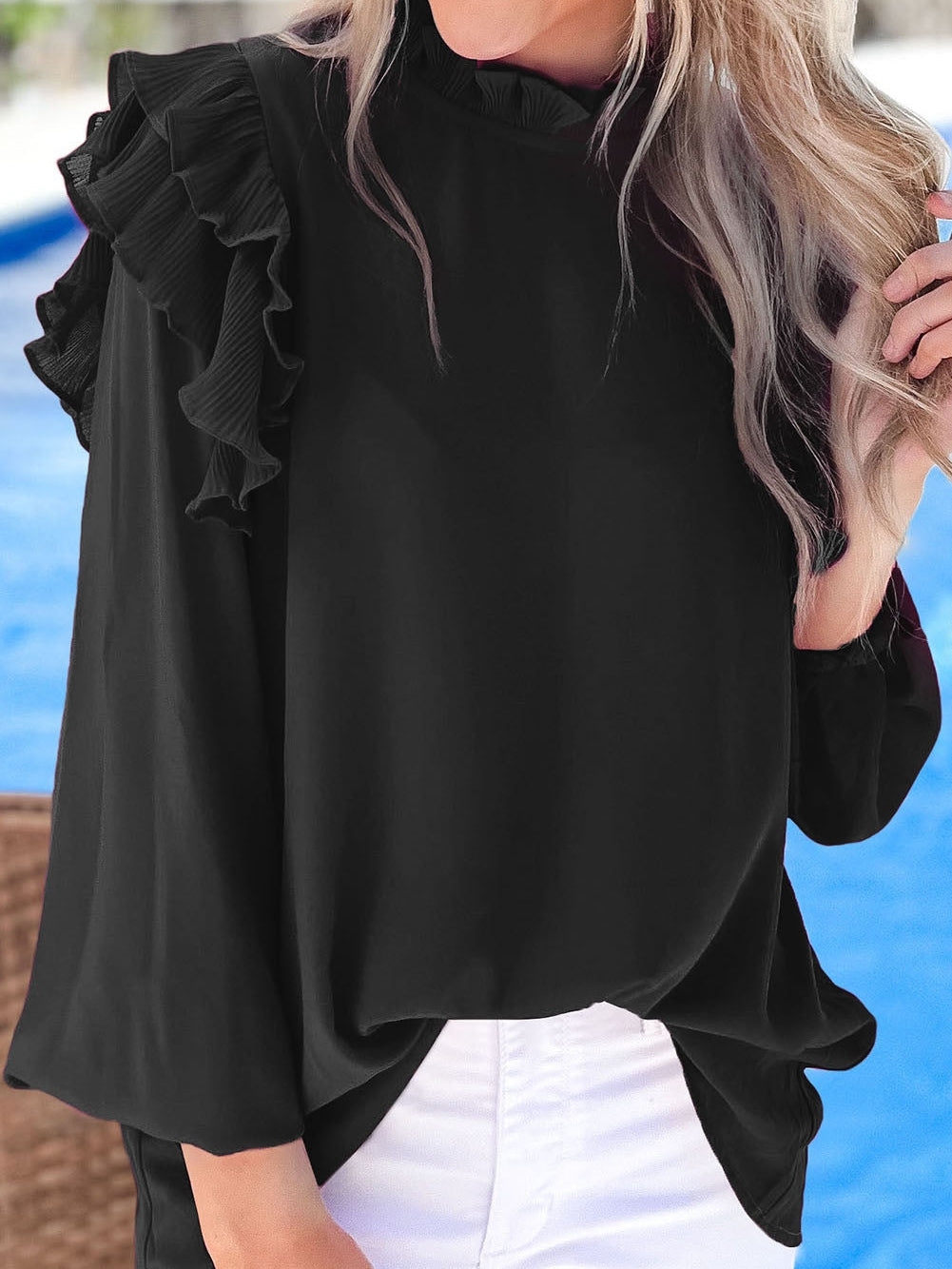 Elegant Black Ruffle Sleeve Keyhole Back Blouse