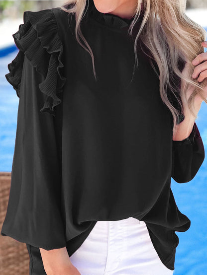 Elegant Black Ruffle Sleeve Keyhole Back Blouse