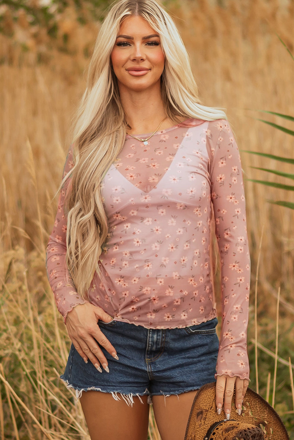 floral mesh long sleeve top
