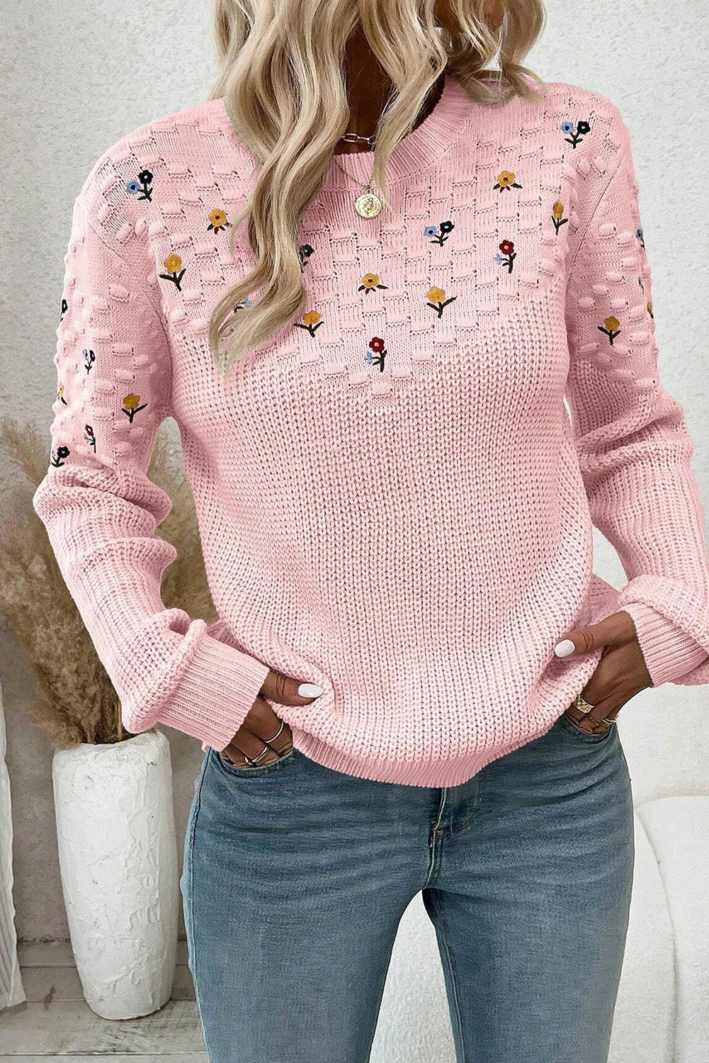 Light Pink Mixed Texture Knit Flower Embroidered Detail Casual Sweater