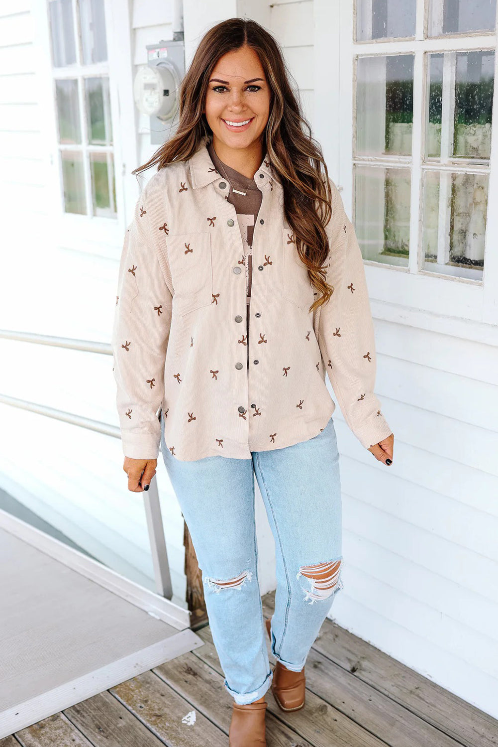 Jet Stream Tiny Bow Embroidered Button Down Corduroy Shacket