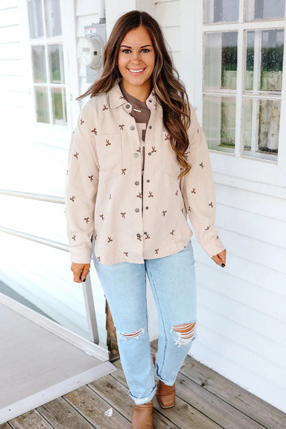 Jet Stream Tiny Bow Embroidered Button Down Corduroy Shacket