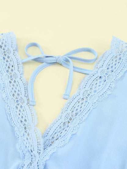 Elegant Sky Blue V Neck Lace Detail Blouse