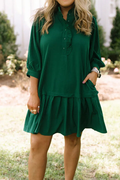Evergreen Frilled Half Button Neck 3/4 Sleeve Ruffle Hem Mini Dress
