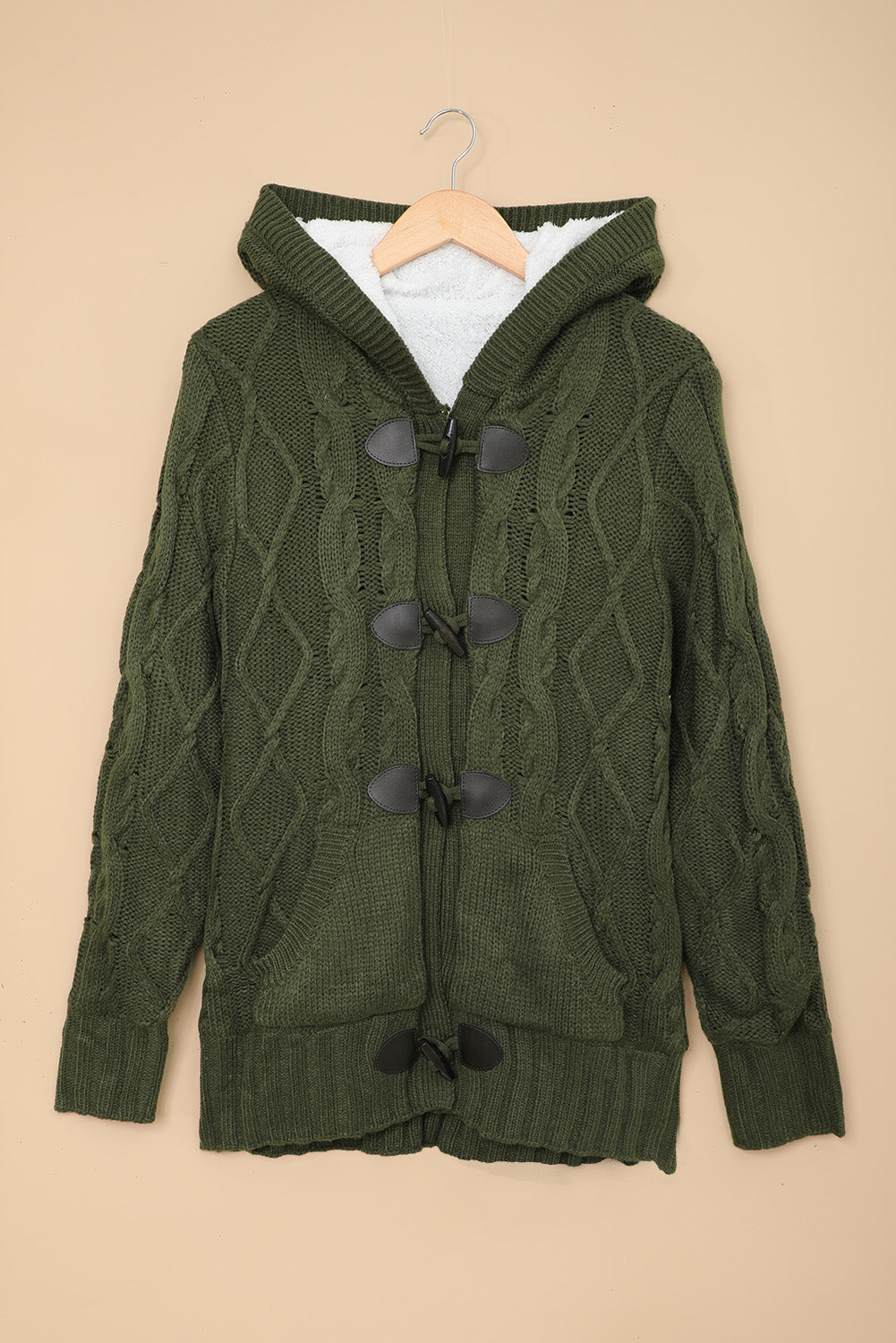 Army Green Fur Hood Horn Button Sweater Cardigan