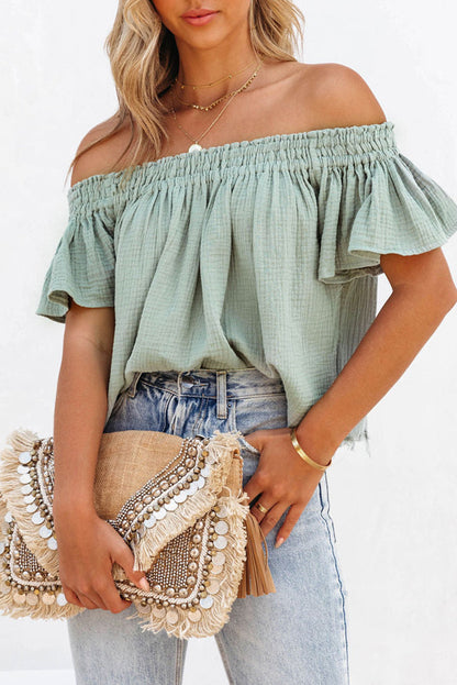 Green Textured Ruffle Off-Shoulder Blouse for Casual Chic