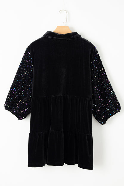 Black Sequin Puff Sleeve Buttoned Velvet Peplum Shirt