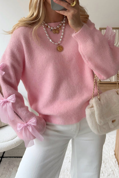 Pink Solid Color Knit Rhinestone Ribbon Bow Sleeve Decor Loose Sweater