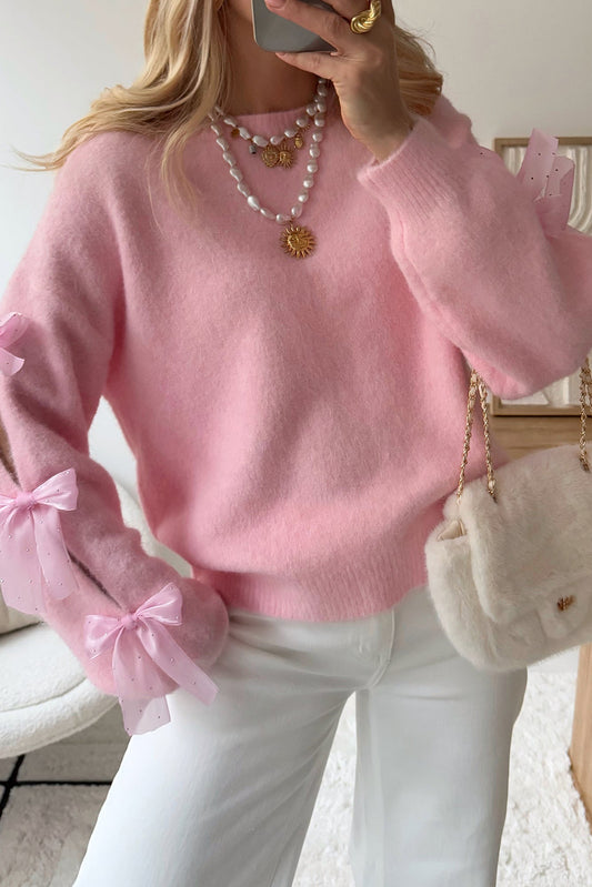 Pink Solid Color Knit Rhinestone Ribbon Bow Sleeve Decor Loose Sweater